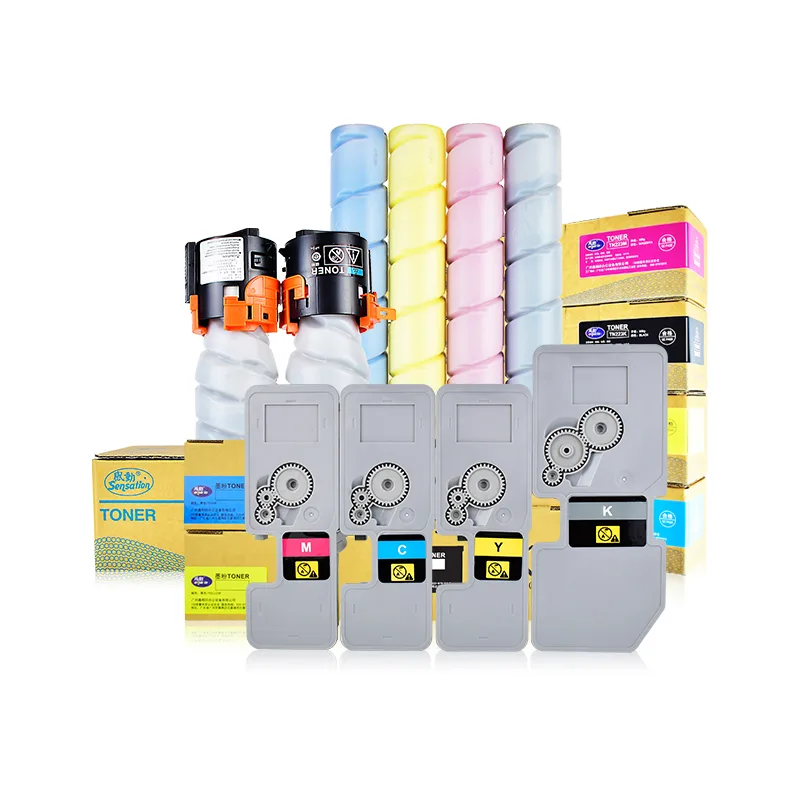 Sensation compatible toner cartridges and toner bottles in CMYK arranged with their boxes