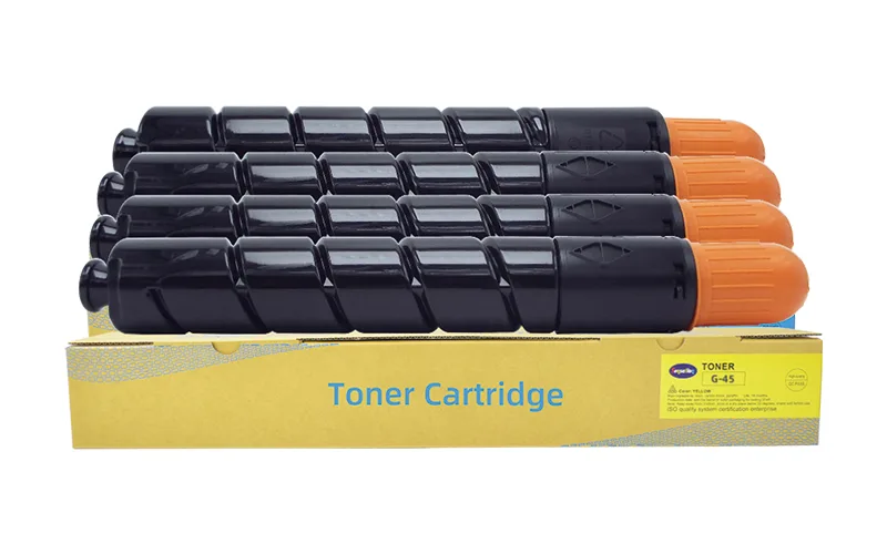Four Sensation G-45 toner cartridges with orange caps resting on their product box