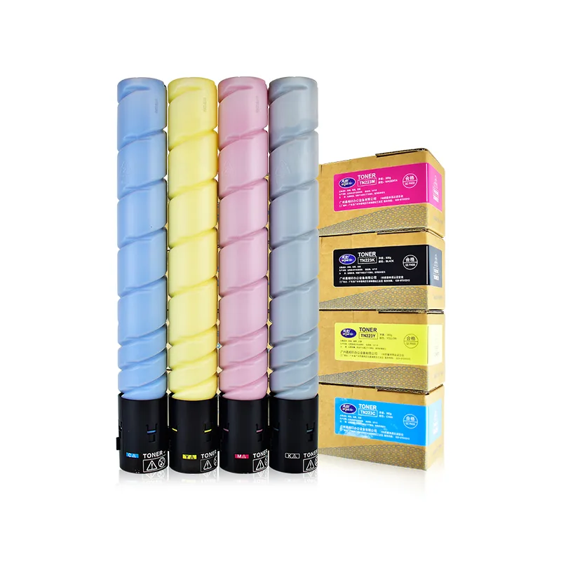 Konica Minolta TN223 compatible toner cartridges in cyan, yellow, magenta and grey with labelled boxes
