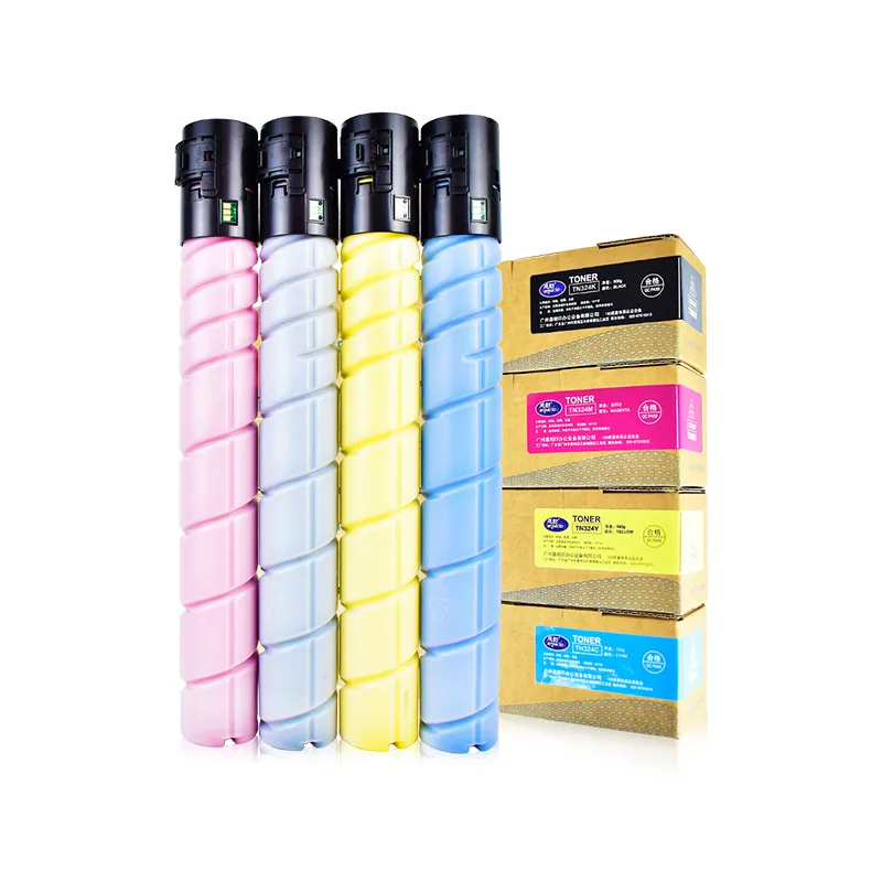 Konica Minolta TN324 compatible toner cartridges in four colours with labelled boxes