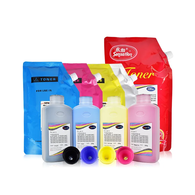 Sensation toner bags and bottles in cyan, magenta, yellow and black with funnel caps