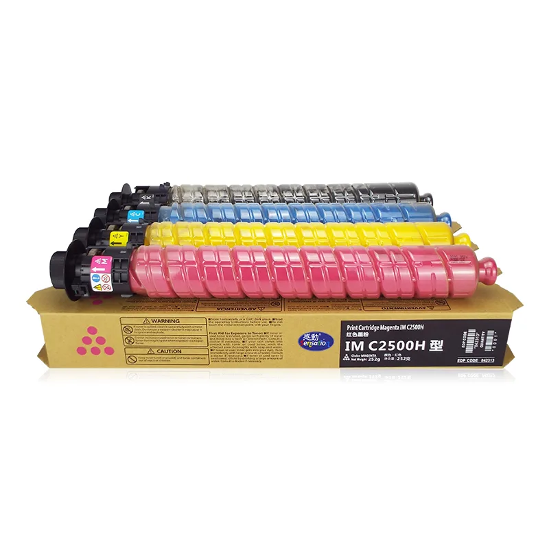 Ricoh IM C2500H compatible print cartridges in four colours on their box