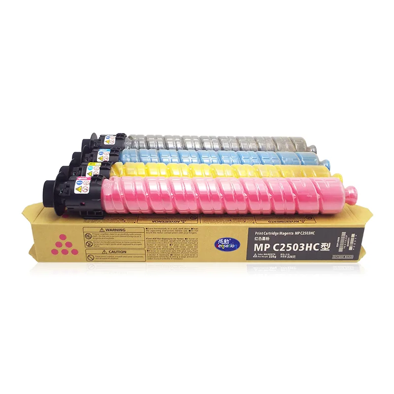 Ricoh MP C2503HC compatible print cartridges in four colours on their box