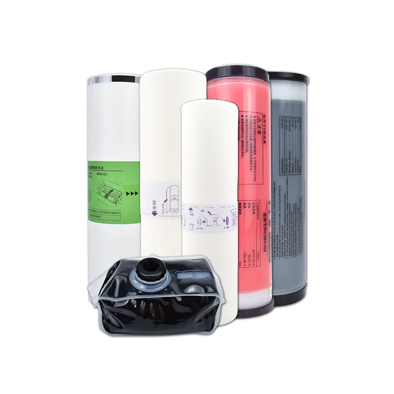 Duplicator master rolls and ink tubes in white, magenta and black with an ink pouch