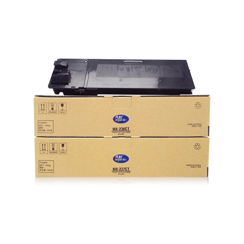 A black Sensation toner cartridge on stacked MX-238CT and MX-237CT boxes