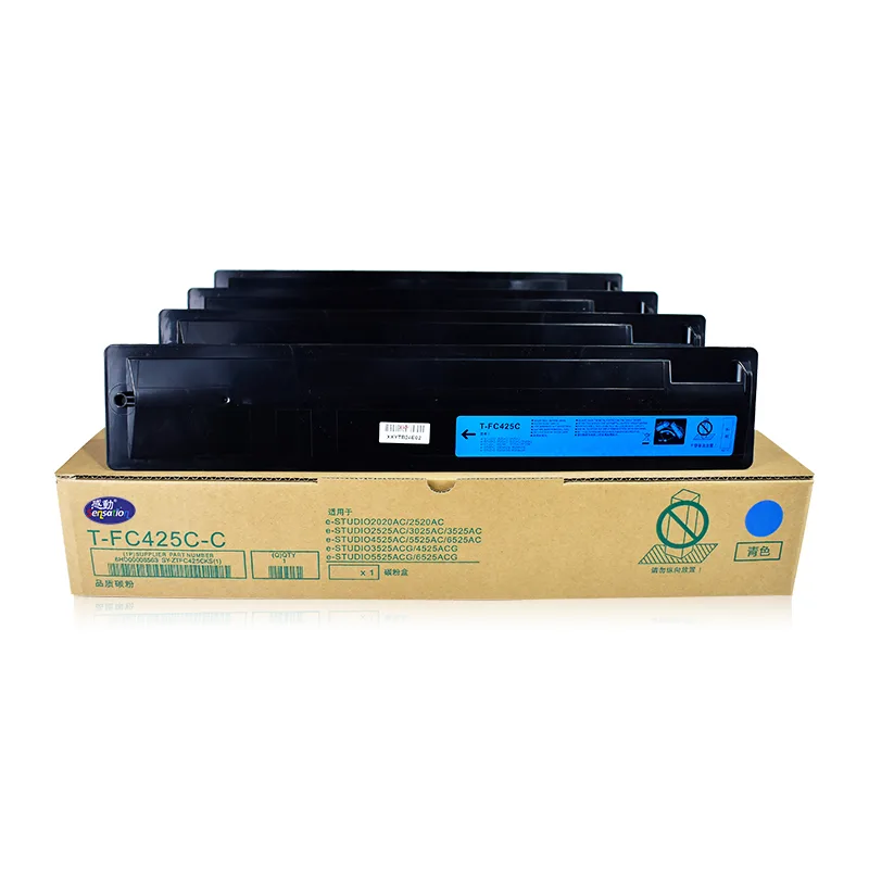 Sensation T-FC425C cyan cartridge standing on a box printed with its e-STUDIO fitment list